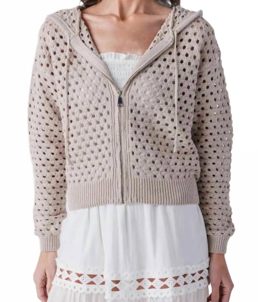 NEW ELAN open-knit hooded zip sweater in taupe